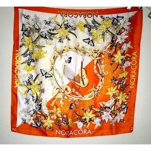 Nora Cora Square Silk Scarf 22in Orange Butterflies Music Floral violin Vintage